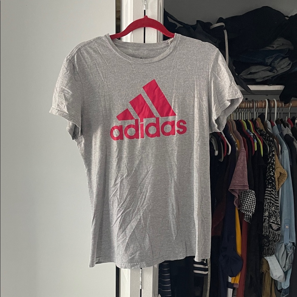 Adidas Heather Gray Tee with Vibrant Pink Logo